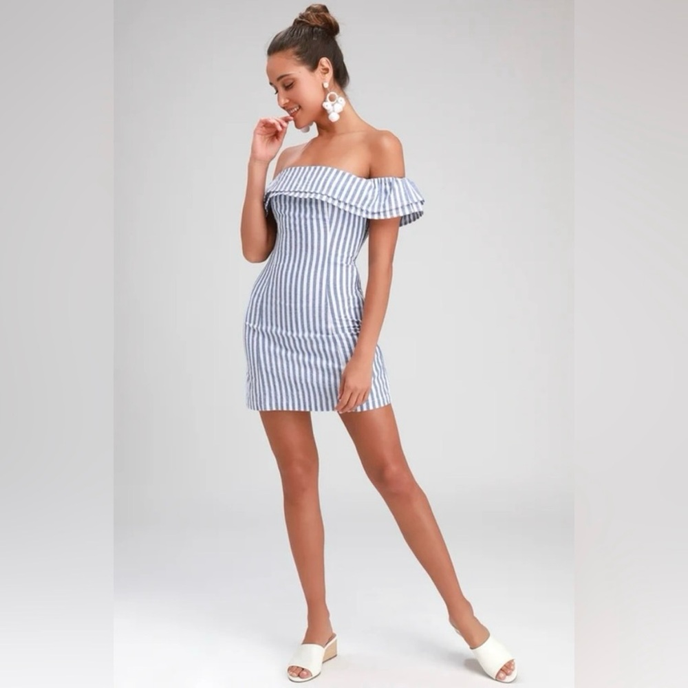Lulus Seaside Skipper Blue Striped Off-the-Shoulder Mini Dress Cotton Sz Small